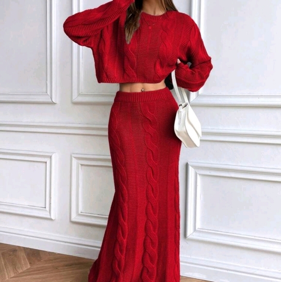 Dresses & Skirts - Chunky Cable Knit Crew Neck Loose Short Sweater + Cable Knit Long Skirt Set